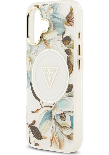 iPhone 17 Kılıf Guess Lisanslı M-Safeli Simli Çiçek Desen Metal Kamera Çerçeveli Üçgen Logolu Beyaz