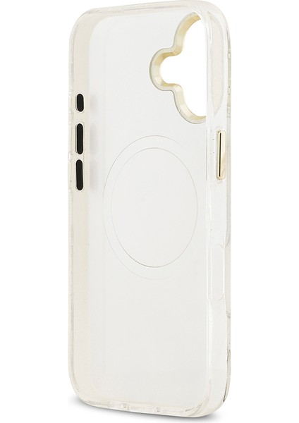 iPhone 17 Kılıf Guess Lisanslı M-Safeli Simli Çiçek Desen Metal Kamera Çerçeveli Üçgen Logolu Beyaz