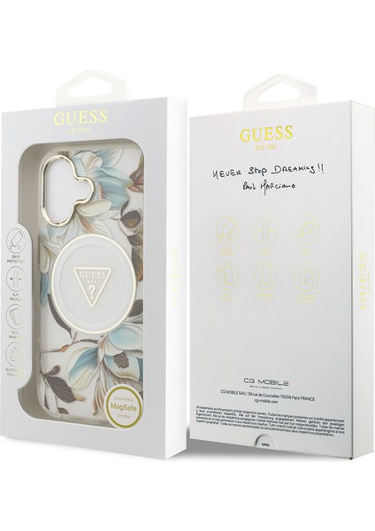 iPhone 17 Kılıf Guess Lisanslı M-Safeli Simli Çiçek Desen Metal Kamera Çerçeveli Üçgen Logolu Beyaz