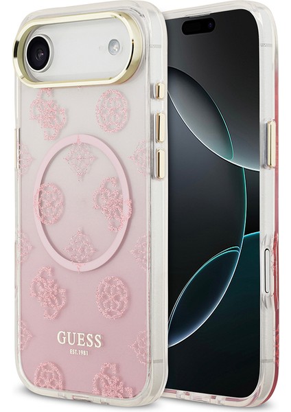 iPhone 17 Air Uyumlu Kılıf Guess Lisanslı M-Safe Özellikli Simli Peony Desenli Silikon Kapak Pembe