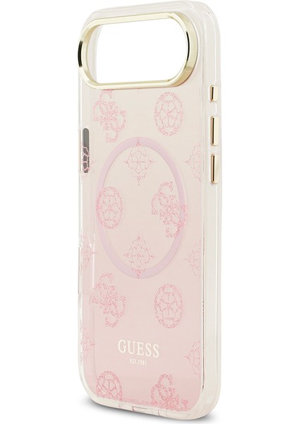 iPhone 17 Air Uyumlu Kılıf Guess Lisanslı M-Safe Özellikli Simli Peony Desenli Silikon Kapak Pembe