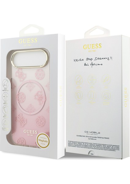 iPhone 17 Air Uyumlu Kılıf Guess Lisanslı M-Safe Özellikli Simli Peony Desenli Silikon Kapak Pembe