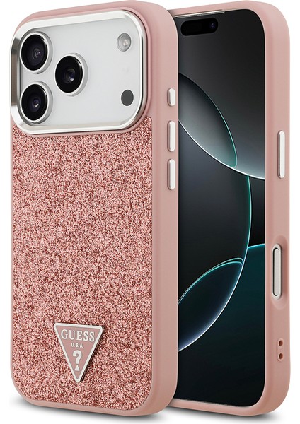 iPhone 17 Pro Uyumlu Kılıf Guess Lisanslı M-Safeli Metal Kamera Çerçeveli Üçgen Logolu Glitter Pembe