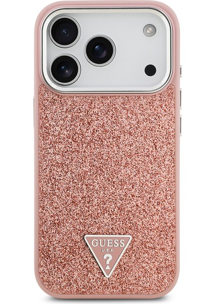 iPhone 17 Pro Uyumlu Kılıf Guess Lisanslı M-Safeli Metal Kamera Çerçeveli Üçgen Logolu Glitter Pembe modelleri