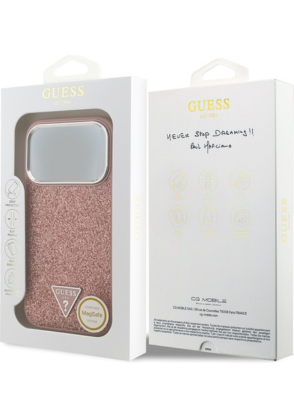 iPhone 17 Pro Uyumlu Kılıf Guess Lisanslı M-Safeli Metal Kamera Çerçeveli Üçgen Logolu Glitter Pembe