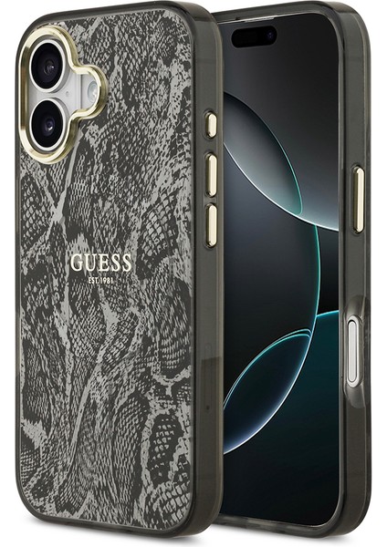 iPhone 17 Uyumlu Kılıf Guess Lisanslı M-Safe Şarj Özellikli Yazı Logolu Python Desenli Kapak Siyah