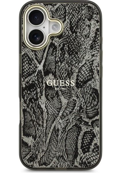 iPhone 17 Uyumlu Kılıf Guess Lisanslı M-Safe Şarj Özellikli Yazı Logolu Python Desenli Kapak Siyah modelleri