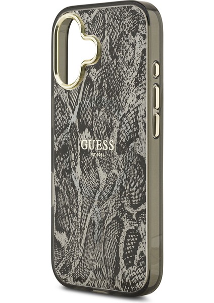 iPhone 17 Uyumlu Kılıf Guess Lisanslı M-Safe Şarj Özellikli Yazı Logolu Python Desenli Kapak Siyah