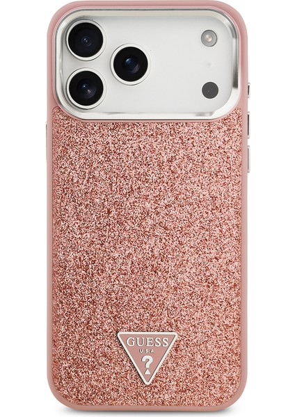 iPhone 17 Pro Max Kılıf Guess Lisanslı M-Safeli Metal Kamera Çerçeveli Üçgen Logolu Glitter Pembe modelleri