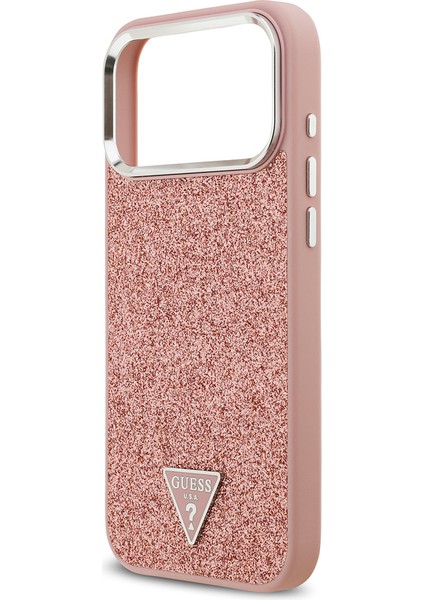 iPhone 17 Pro Max Kılıf Guess Lisanslı M-Safeli Metal Kamera Çerçeveli Üçgen Logolu Glitter Pembe