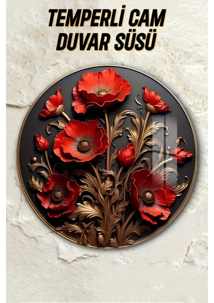 3D Görünümlü Temperli Cam Tablo – Kırmızı Gelincik Çiçekleri Duvar Süsü Uv Baskı 33X33 cm CDS036 fiyatları