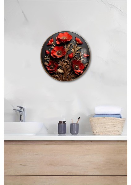 3D Görünümlü Temperli Cam Tablo – Kırmızı Gelincik Çiçekleri Duvar Süsü Uv Baskı 33X33 cm CDS036