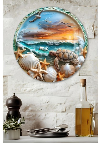 3D Görünümlü Temperli Cam Tablo – Deniz Kaplumbağası Duvar Süsü Uv Baskı 33X33 CM-CDS050