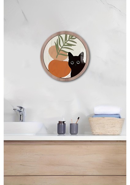 3D Görünümlü Temperli Cam Tablo – Siyah Kedi ve Turuncu Vazo Duvar Süsü Uv Baskı 33X33 cm -CDS042