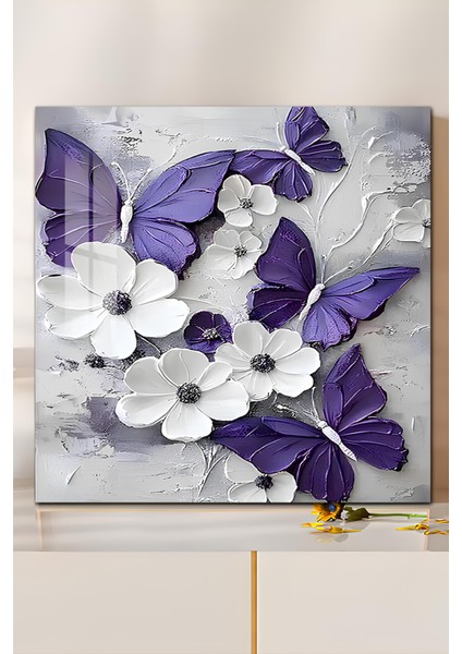 3D Görünümlü Temperli Cam Tablo – Mor Kelebek ve Çiçek Teması Uv Baskı 33X33 CM-CTK031
