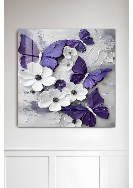 3D Görünümlü Temperli Cam Tablo – Mor Kelebek ve Çiçek Teması Uv Baskı 33X33 CM-CTK031 fiyatları