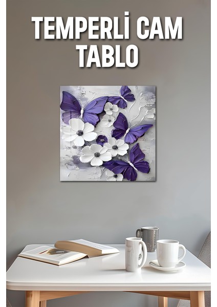 3D Görünümlü Temperli Cam Tablo – Mor Kelebek ve Çiçek Teması Uv Baskı 33X33 CM-CTK031 modelleri