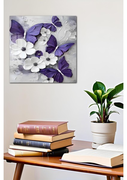 3D Görünümlü Temperli Cam Tablo – Mor Kelebek ve Çiçek Teması Uv Baskı 33X33 CM-CTK031