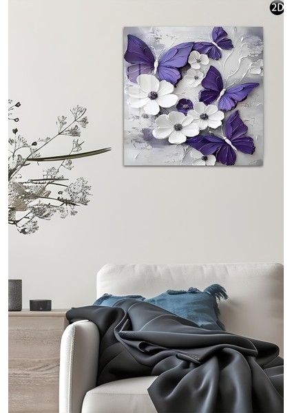 3D Görünümlü Temperli Cam Tablo – Mor Kelebek ve Çiçek Teması Uv Baskı 33X33 CM-CTK031