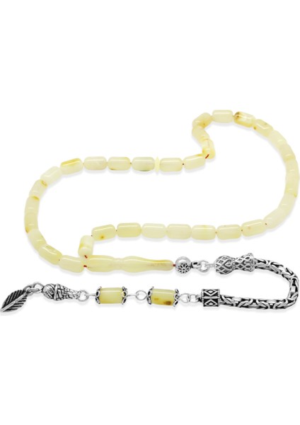 925 Ayar Gümüş Kral Püsküllü Mini Boy Kapsül Kesim Soft Sarı Beyaz Doğal Damla Kehribar Tesbih