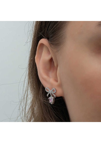 Gümüş Fiyonk Pembe Taşlı Kalpli Çivili Kadın Küpe indirimleri