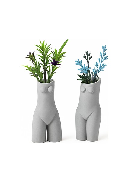 Dekoratif Beton Bohem Kadın Vazo Set - Gri
