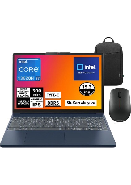 Ideapad Slim 3 I7-13620H 16GB Ddr5 1tb SSD Wuxga 15.3" IPS Windows 11 Pro Taşınabilir Bilgisayar 83K10061TR Snertech Çanta+Mouse