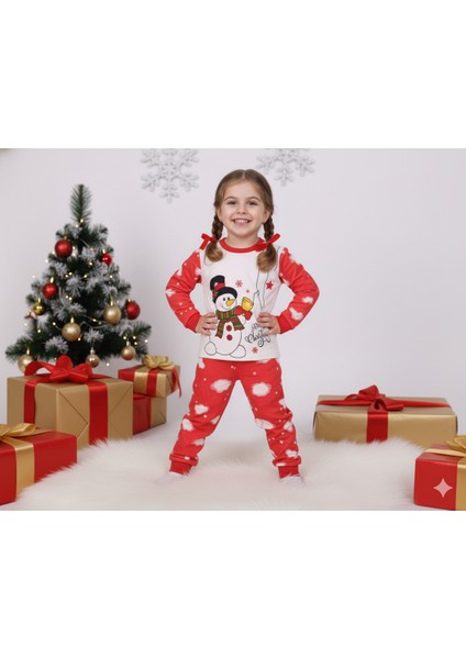 Kardan Adam Desenli Unisex Yılbaşı Noel Temalı Pijama Takımı 3-6 Yaş