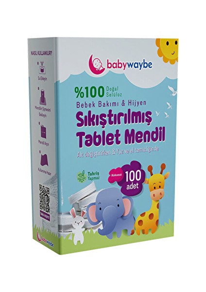 3 Adet Baby Waybe Bebek Bakım Temizlik Hijyen Mendili Sıkıştırılmış Tablet 100'LÜ