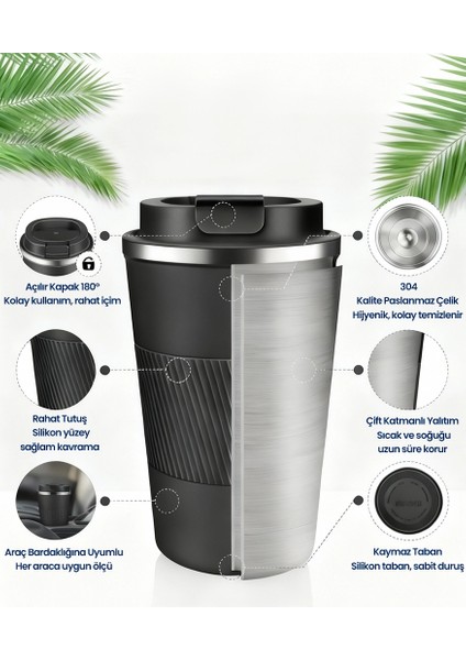 380 mL Şık Tasarım Çift Katmanlı Paslanmaz Çelik Termos Bardak Sızdırmaz Sıcak-Soğuk Araç Uyumu