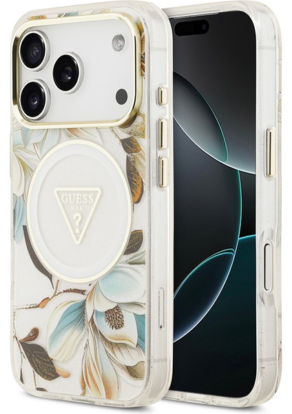 iPhone 17 Pro Max Kılıf Guess Lisanslı M-Safeli Simli Çiçek Desenli Metal Kamera Çerçeveli Beyaz