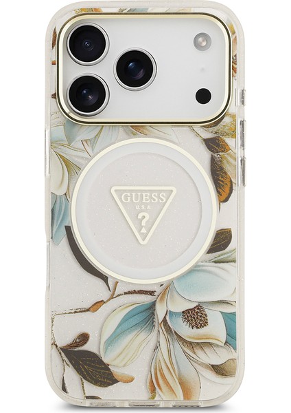 iPhone 17 Pro Max Kılıf Guess Lisanslı M-Safeli Simli Çiçek Desenli Metal Kamera Çerçeveli Beyaz modelleri