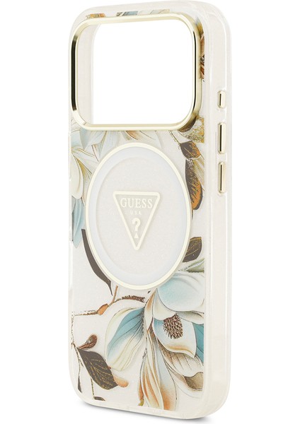 iPhone 17 Pro Max Kılıf Guess Lisanslı M-Safeli Simli Çiçek Desenli Metal Kamera Çerçeveli Beyaz