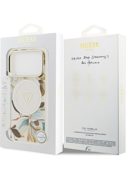 iPhone 17 Pro Max Kılıf Guess Lisanslı M-Safeli Simli Çiçek Desenli Metal Kamera Çerçeveli Beyaz