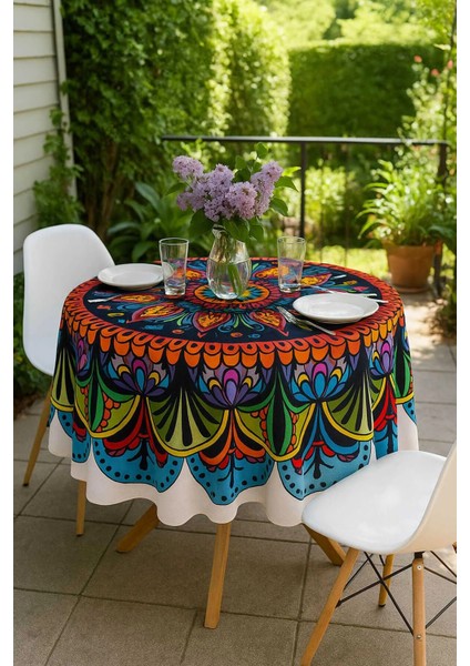 Yuvarlak Etnik Desenli Duck Kumaş Masa Örtüsü 150X150 cm