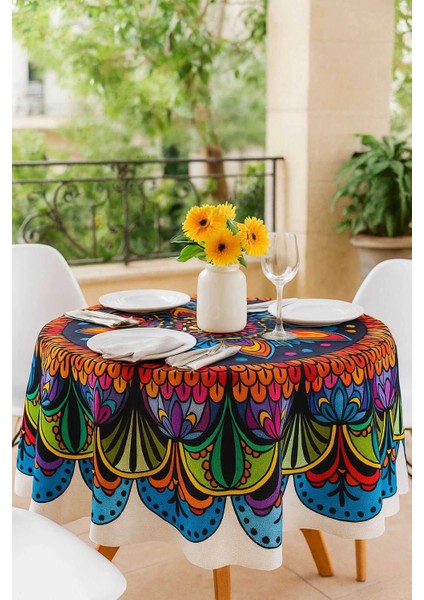 Yuvarlak Etnik Desenli Duck Kumaş Masa Örtüsü 150X150 cm modelleri