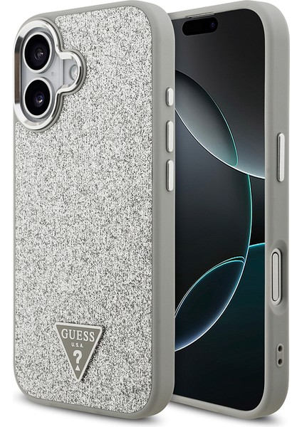 iPhone 17 Uyumlu Kılıf Guess Lisanslı M-Safeli Metal Kamera Çerçeveli Üçgen Logolu Glitter Kapak Gri