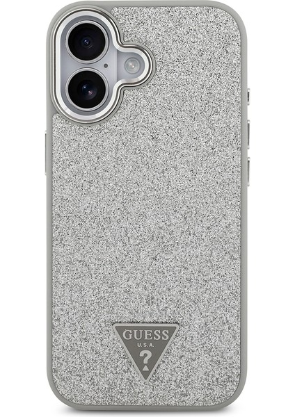 iPhone 17 Uyumlu Kılıf Guess Lisanslı M-Safeli Metal Kamera Çerçeveli Üçgen Logolu Glitter Kapak Gri modelleri
