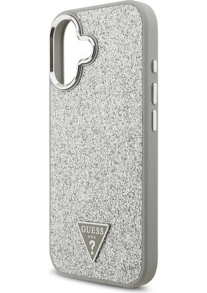 iPhone 17 Uyumlu Kılıf Guess Lisanslı M-Safeli Metal Kamera Çerçeveli Üçgen Logolu Glitter Kapak Gri