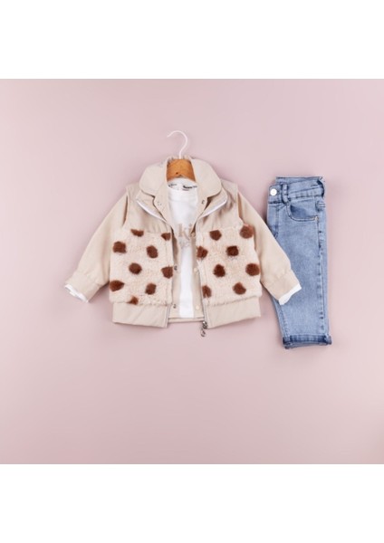 Bej (6-24 Ay) Body Baskılı Üzeri Gömlekli Peluş Yelekli Kot Pantolonlu Kız Bebek 4'lü Takım