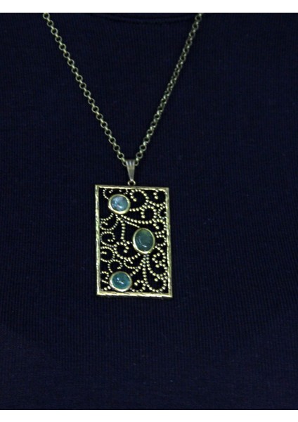 Doğal Taş Yeşil Akik 3'lü Doğal Taşlı Antik Kadın Kolye EUK45YA