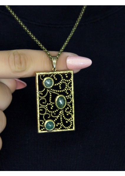 Doğal Taş Yeşil Akik 3'lü Doğal Taşlı Antik Kadın Kolye EUK45YA fiyatları