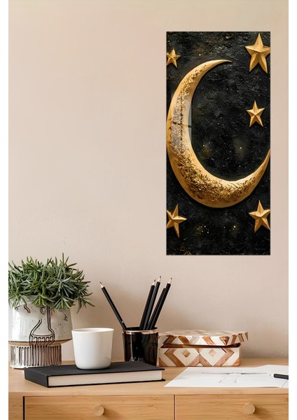 Altın Hilal ve Yıldızlar Temalı Temperli Cam Dik Tablo 30X60 cm Ebadında Uv Baskı - DCT080