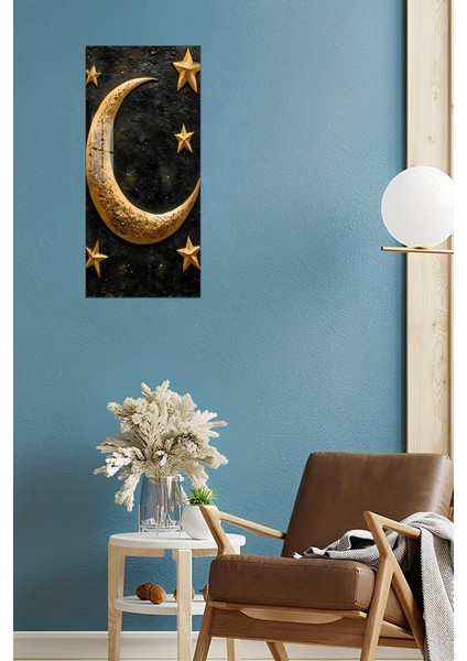 Altın Hilal ve Yıldızlar Temalı Temperli Cam Dik Tablo 30X60 cm Ebadında Uv Baskı - DCT080 fiyatları