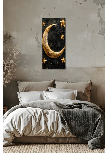 Altın Hilal ve Yıldızlar Temalı Temperli Cam Dik Tablo 30X60 cm Ebadında Uv Baskı - DCT080 indirimleri