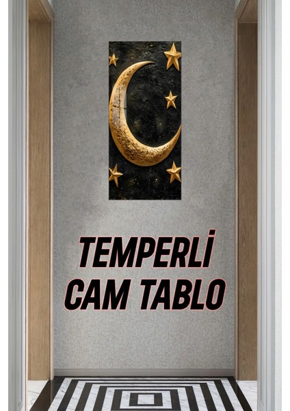 Altın Hilal ve Yıldızlar Temalı Temperli Cam Dik Tablo 30X60 cm Ebadında Uv Baskı - DCT080