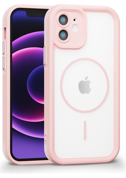 iPhone 12 Uyumlu Kamera Korumalı Magsafe Wireless Şarj Özellikli Mat Silikon Pembe Renkli Silikon Telefon Kılıfı
