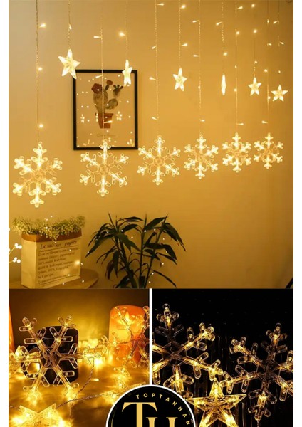 Kar Tanesi & Yıldız Perde LED Sarı Işık 8 Fonksiyonlu Fişli ve Eklenebilir Yılbaşı Işığı New Year