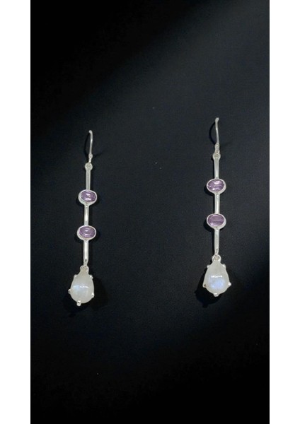 Ay Taşı ve Ametist Taşlı El Işçiliği 925 Ayar Gümüş Uzun Küpe