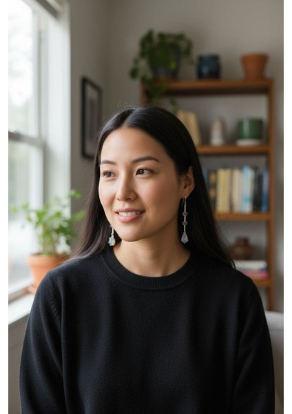 Ay Taşı ve Ametist Taşlı El Işçiliği 925 Ayar Gümüş Uzun Küpe modelleri